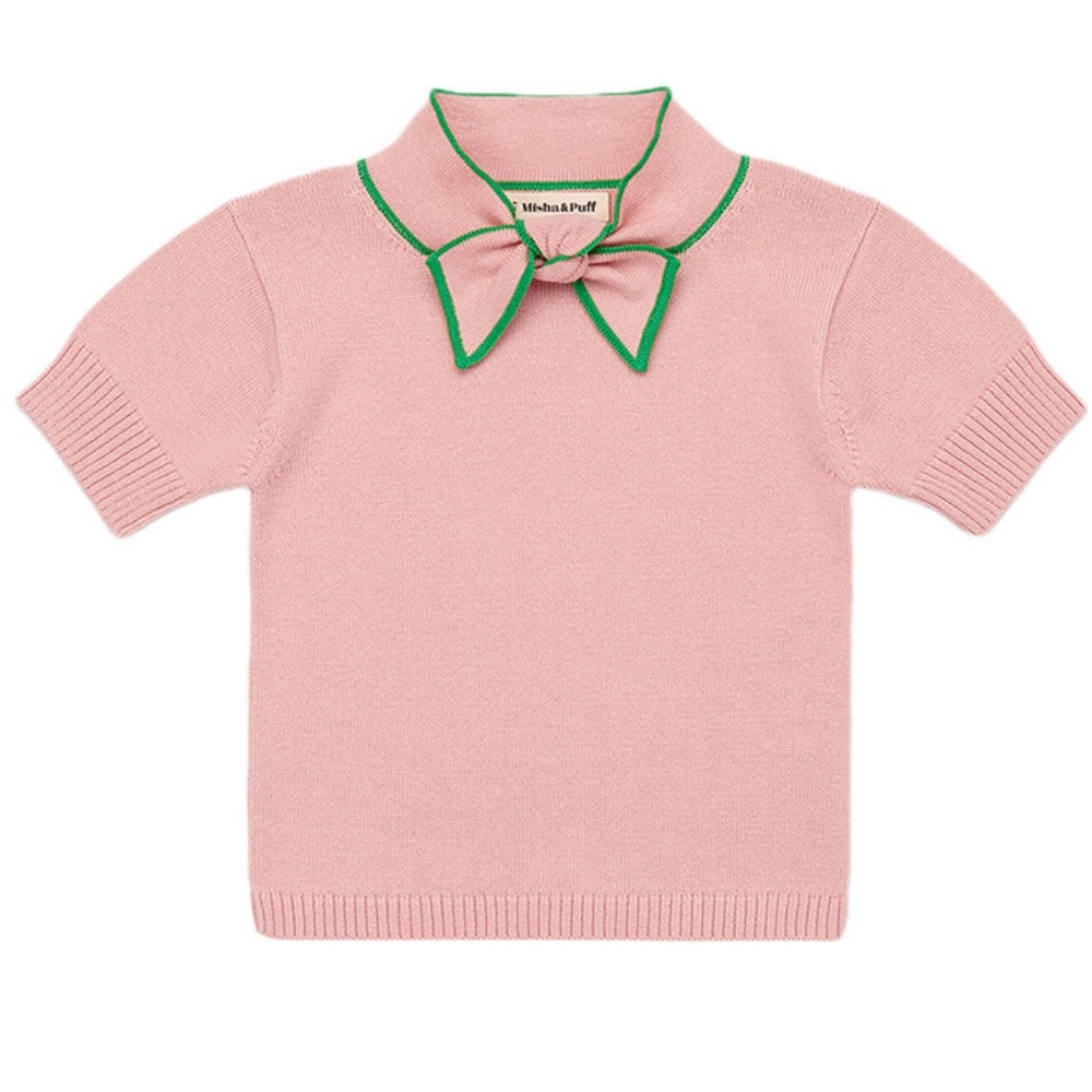 Misha And Puff Pink Short Sleeve Sweater with Green Trim Bow